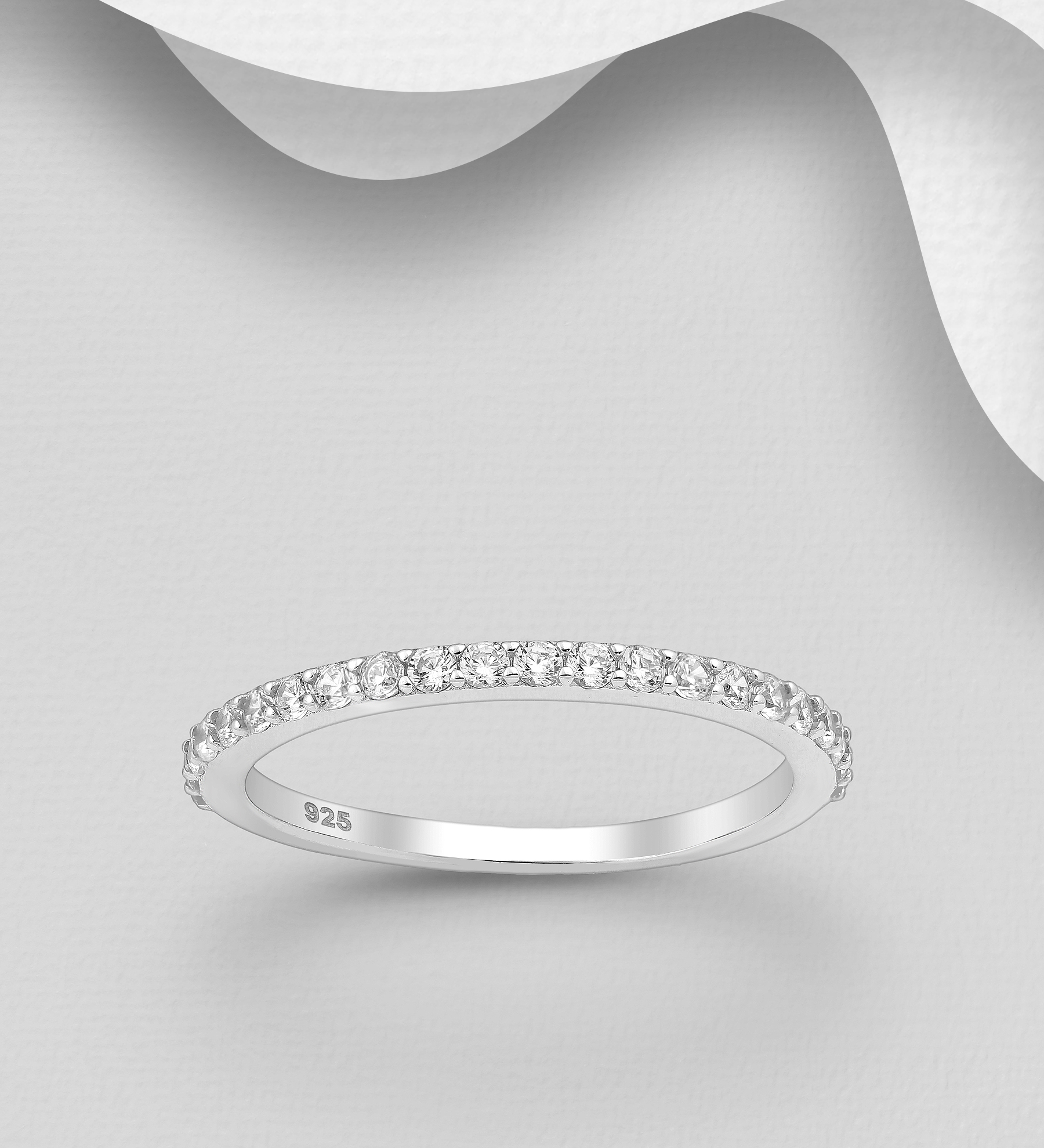 Wholesale 925 Sterling Silver Band Ring, Decorated with CZ Simulated Diamonds, 2 mm Wide - SKU #701-22962