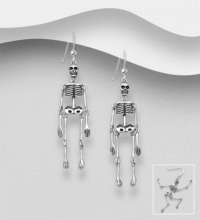 Wholesale 925 Sterling Silver Oxidized Skull Hook Earrings - SKU #768-514