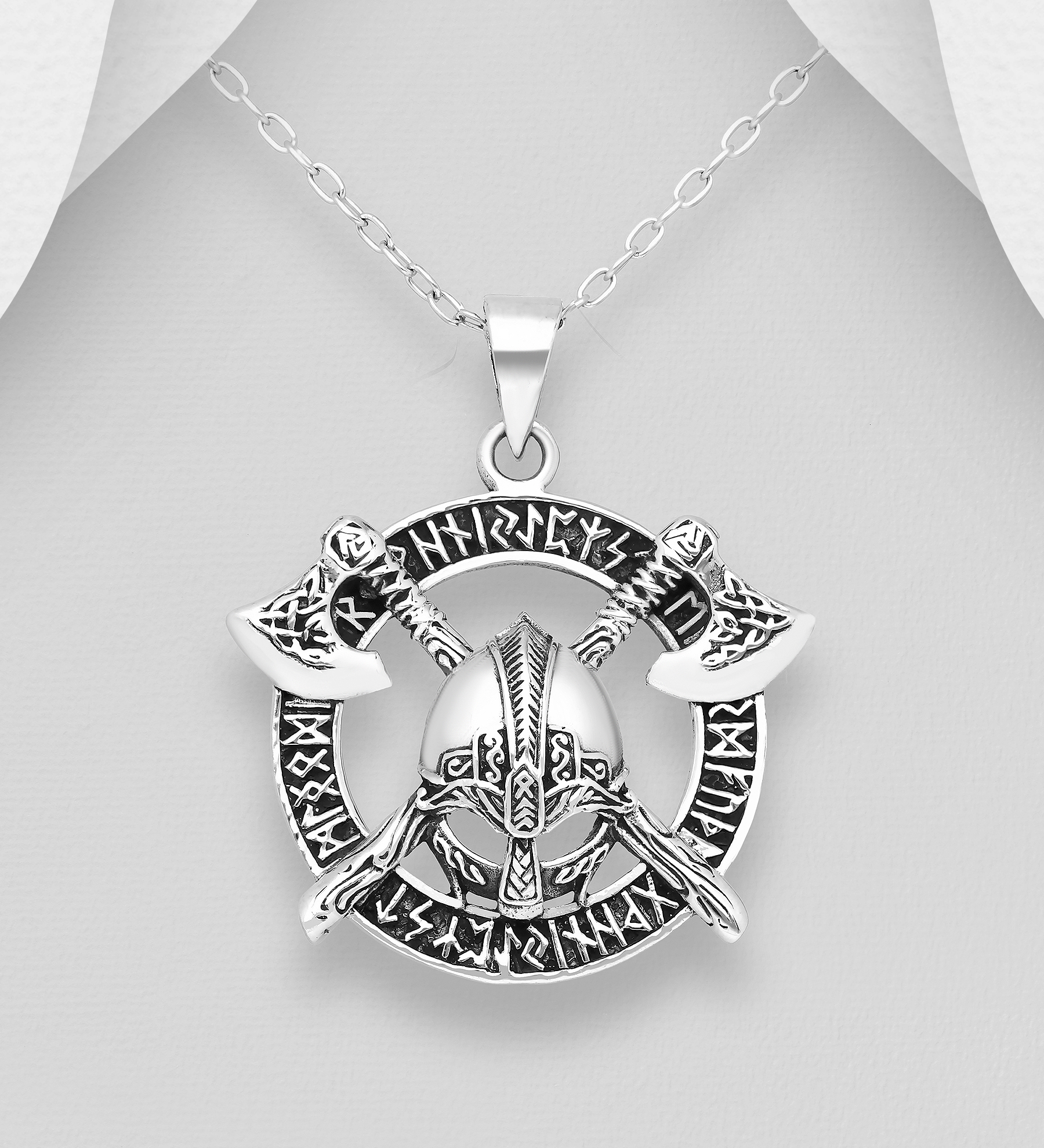 Wholesale 925 Sterling Silver Oxidized Pendant Featuring Armour Mask, Ax, Celtic And Viking vegvisir amulet
 - SKU #768-517