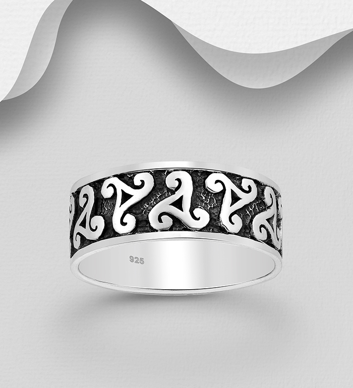 Wholesale 925 Sterling Silver Oxidized Triskelion Band Ring, 8 mm Wide - SKU #767-1112
