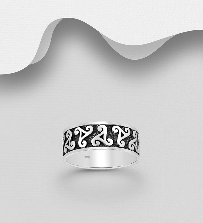 Wholesale 925 Sterling Silver Oxidized Triskelion Band Ring, 8 mm Wide - SKU #767-1112