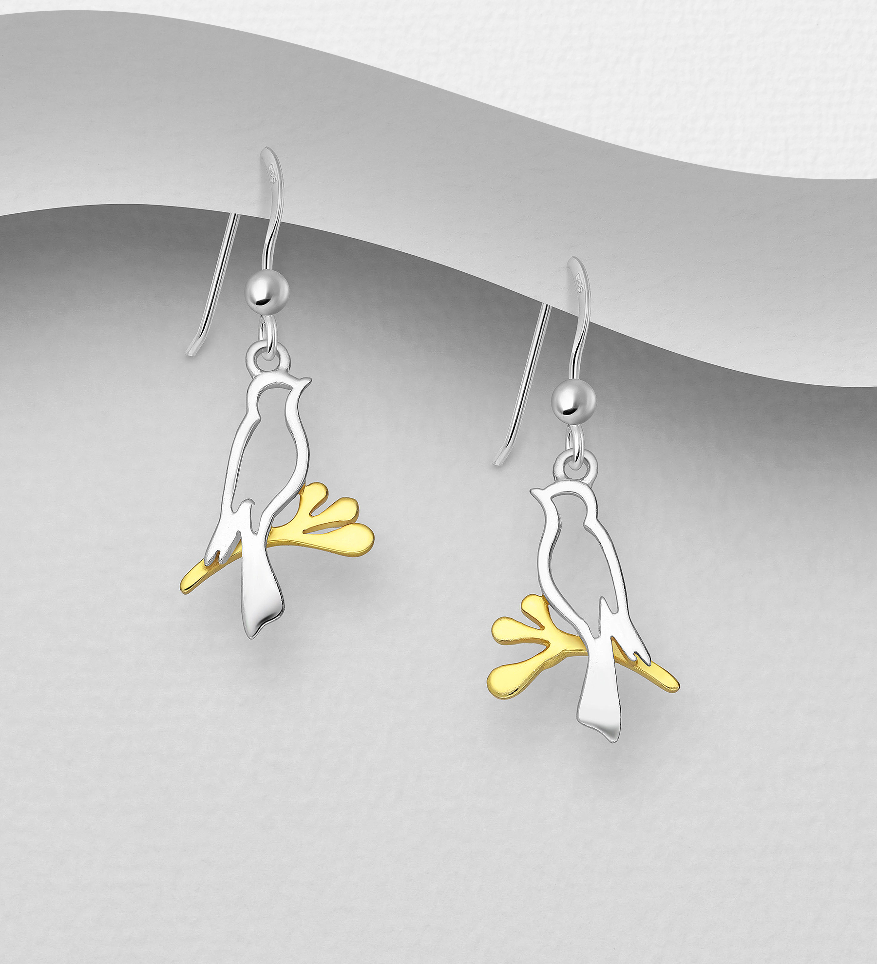 Wholesale 925 Sterling Silver Branch and Bird Hook Earrings, Branch Plated with 1 micron 18K Yellow Gold - SKU #1063-2439