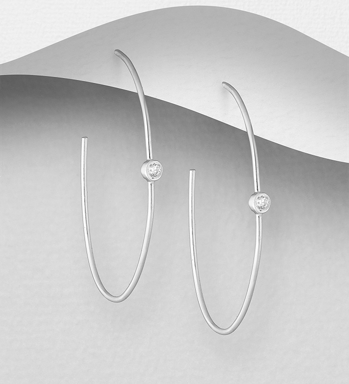 Wholesale 925 Sterling Silver Semi-Circle Push-Back Earrings, Decorated with CZ Simulated Diamond - SKU #1063-2449