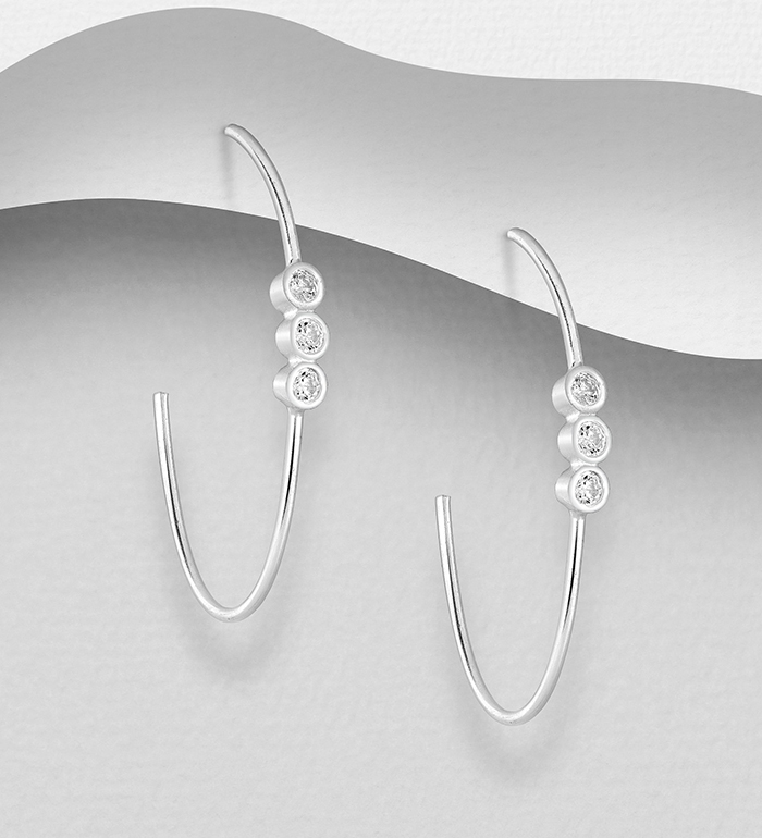 Wholesale 925 Sterling Silver Semi-Circle Push-Back Earrings, Decorated with CZ Simulated Diamonds - SKU #1063-2451
