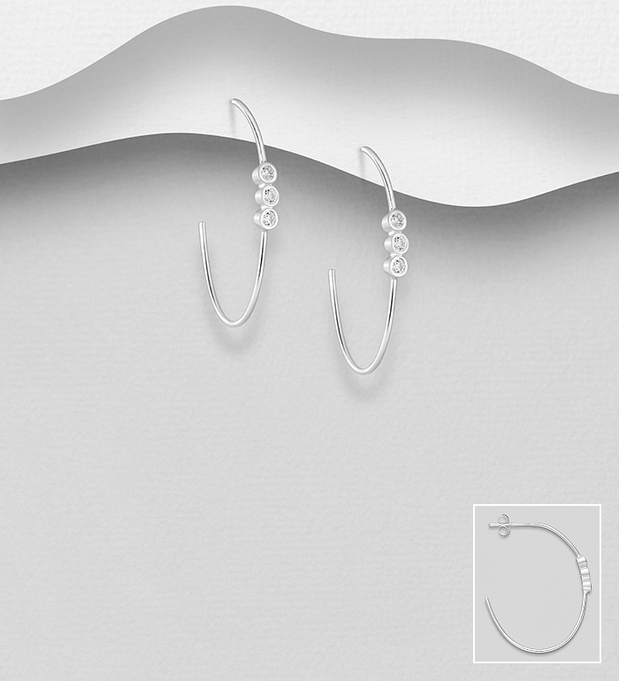 Wholesale 925 Sterling Silver Semi-Circle Push-Back Earrings, Decorated with CZ Simulated Diamonds - SKU #1063-2451