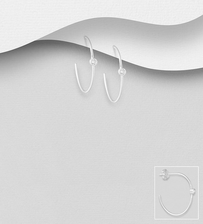 Wholesale 925 Sterling Silver Semi-Circle Push-Back Earrings, Decorated with CZ Simulated Diamond - SKU #1063-2452