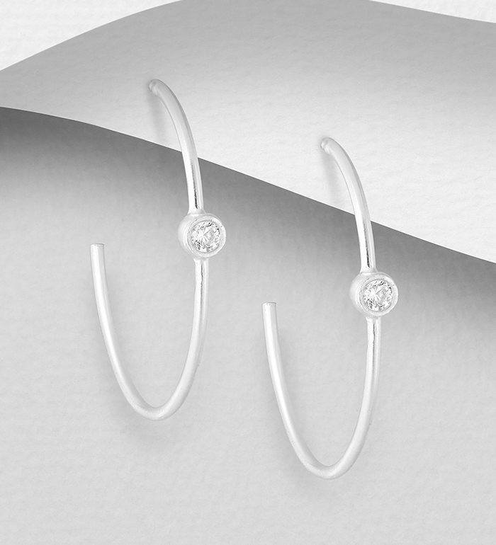 Wholesale 925 Sterling Silver Semi-Circle Push-Back Earrings, Decorated with CZ Simulated Diamond - SKU #1063-2452