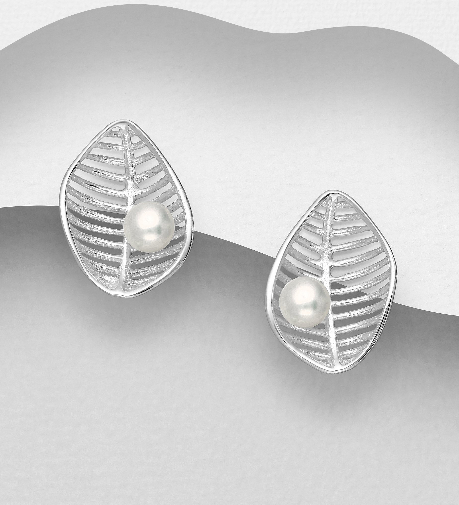 Wholesale 925 Sterling Silver Leaf Push-Back Earrings Decorated With Fresh Water Pearls - SKU #382-5276