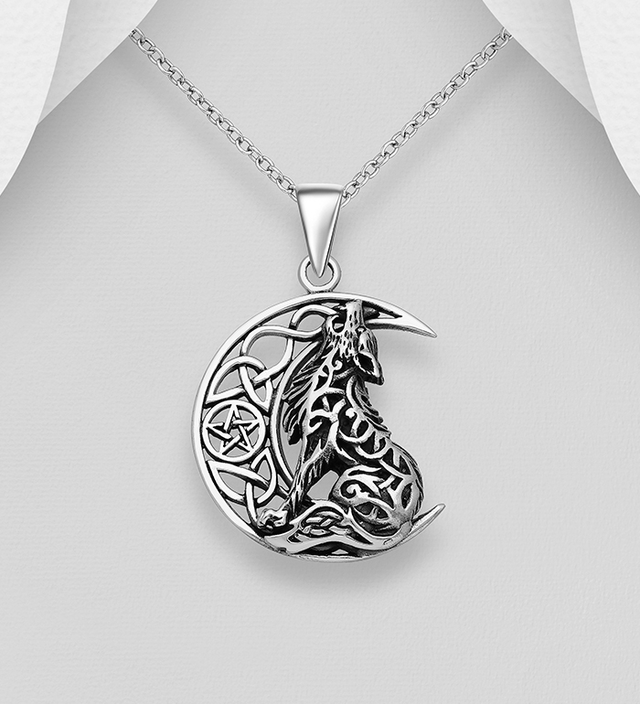 Wholesale 925 Sterling Silver Oxidized Pendant Featuring Celtic Moon, Star And Wolf - SKU #767-1117