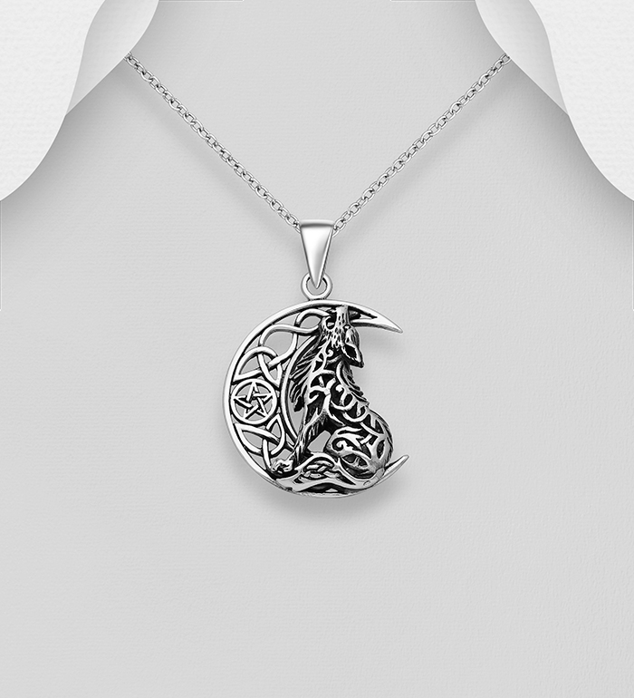 Wholesale 925 Sterling Silver Oxidized Pendant Featuring Celtic Moon, Star And Wolf - SKU #767-1117