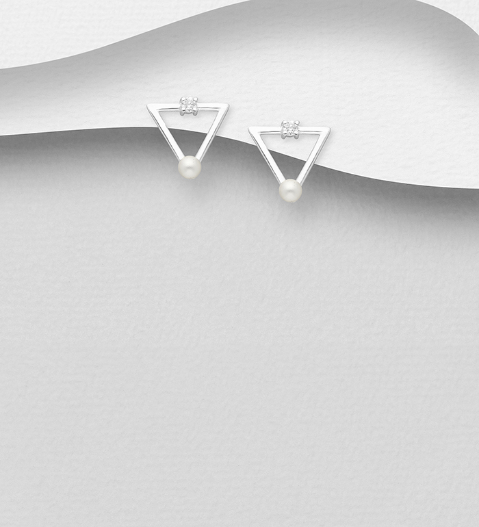 Wholesale 925 Sterling Silver Triangle Push-Back Earrings, Decorated with Freshwater Pearls and CZ Simulated Diamonds - SKU #1063-2499