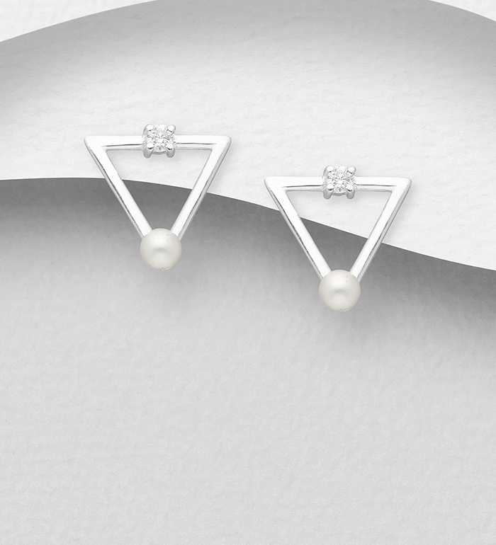 Wholesale 925 Sterling Silver Triangle Push-Back Earrings, Decorated with Freshwater Pearls and CZ Simulated Diamonds - SKU #1063-2499