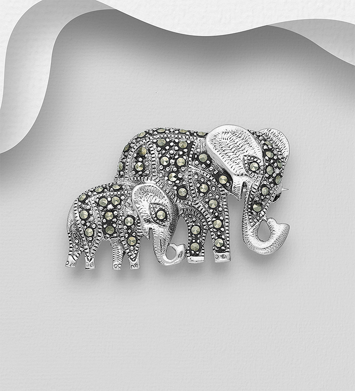Wholesale 925 Sterling Silver Mom And Baby Elephant Brooch Decorated With Marcasite - SKU #565-6802