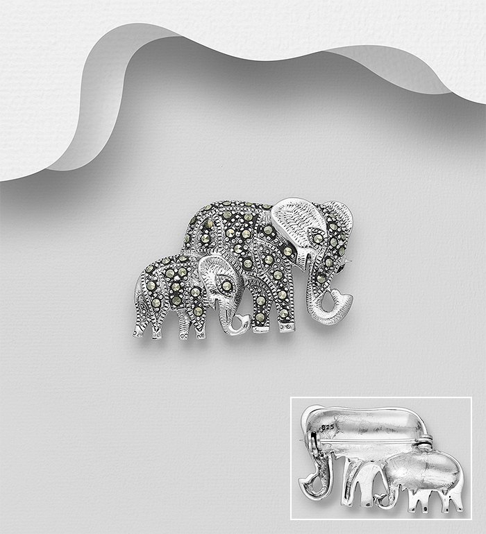 Wholesale 925 Sterling Silver Mom And Baby Elephant Brooch Decorated With Marcasite - SKU #565-6802