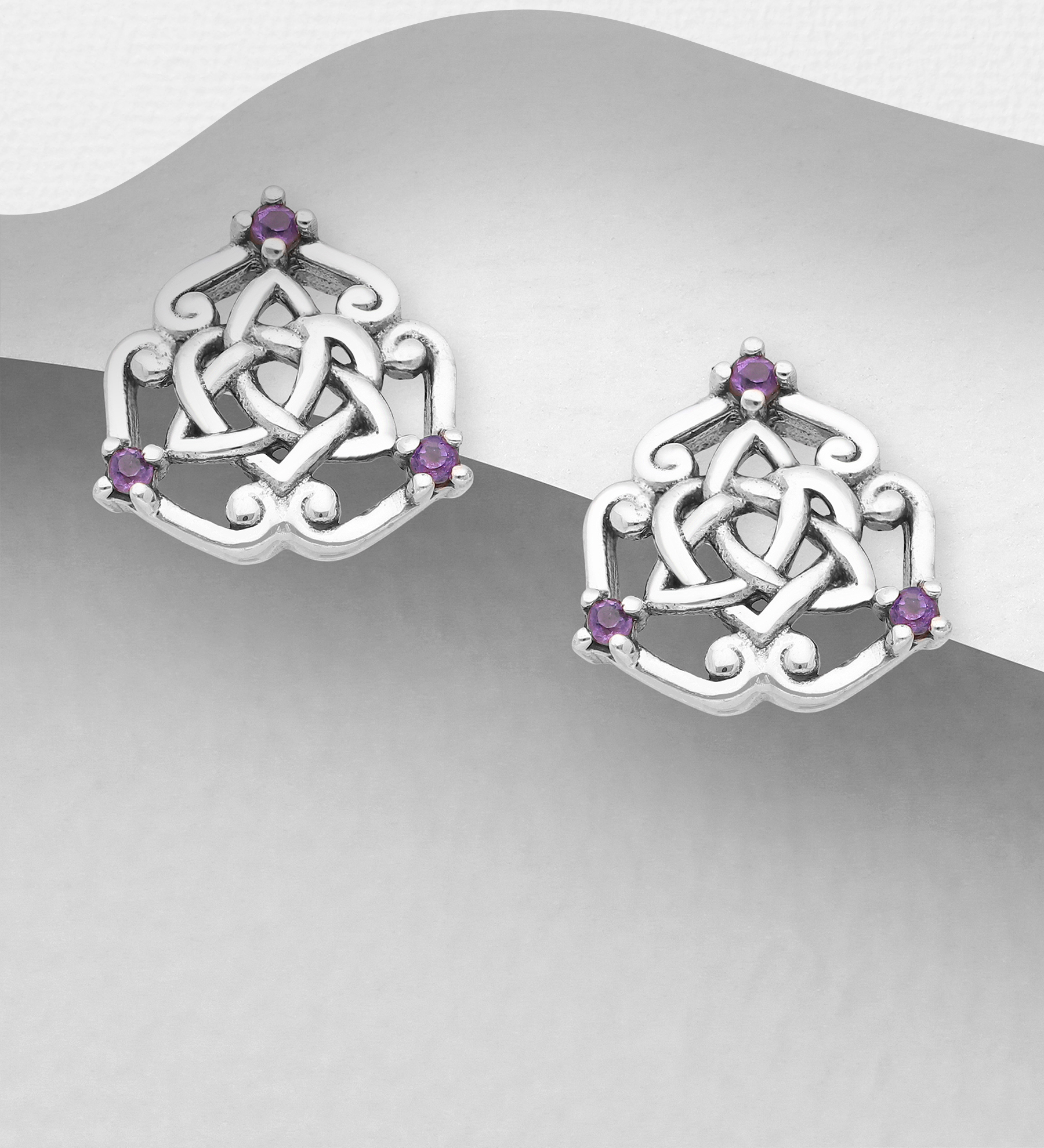 Wholesale 925 Sterling Silver Celtic Push-Back Earrings, Decorated with Amethyst - SKU #1063-2505