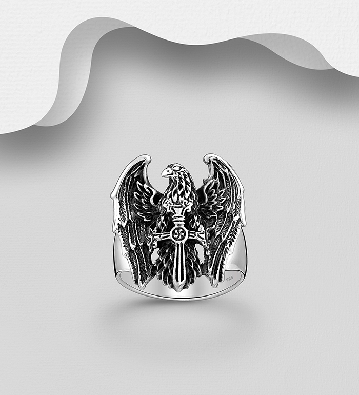 Wholesale 925 Sterling Silver Oxidized Eagle And Sword Ring - SKU #1563-683