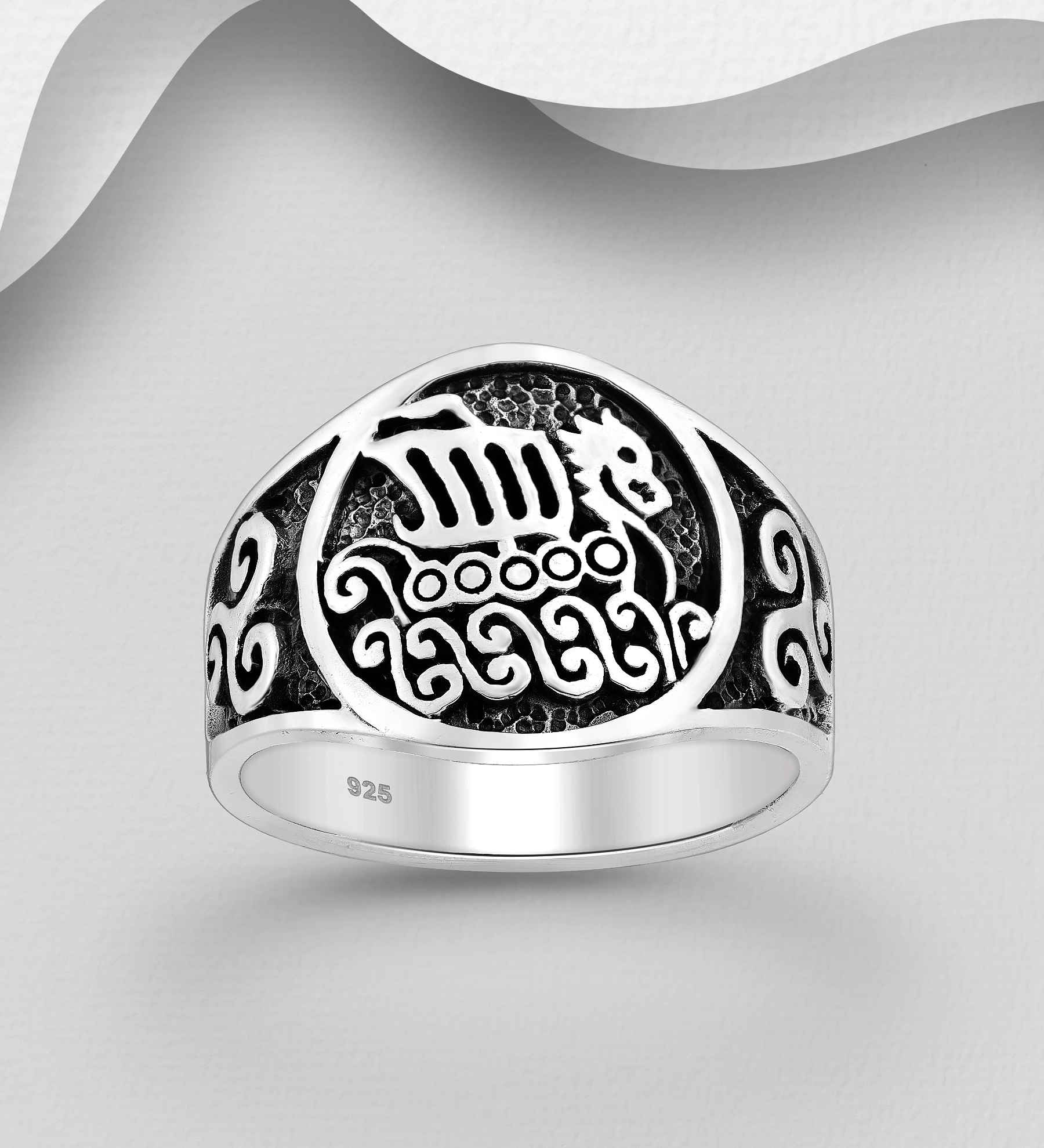 Wholesale 925 Sterling Silver Oxidized Viking Boat And Triskelion Ring - SKU #1563-686