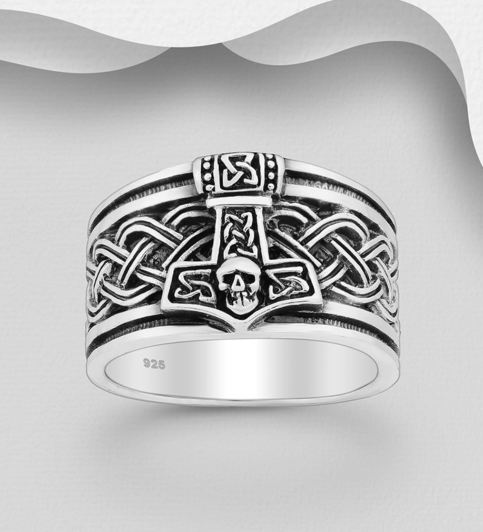Wholesale 925 Sterling Silver Oxidized Celtic Anchor And Skull Ring - SKU #1563-687