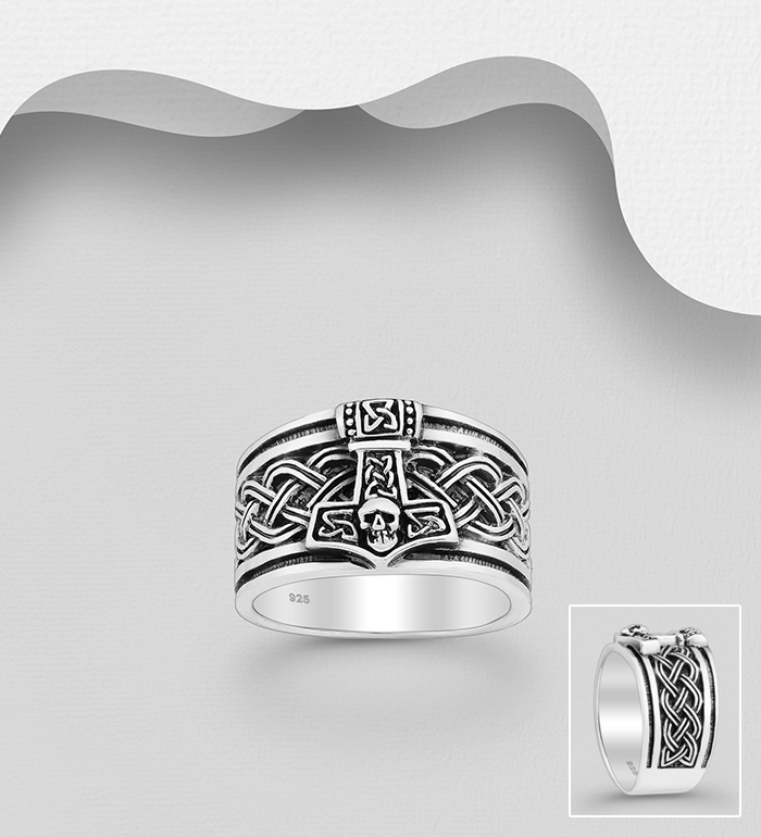 Wholesale 925 Sterling Silver Oxidized Celtic Anchor And Skull Ring - SKU #1563-687