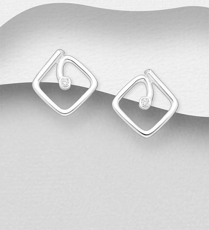 Wholesale 925 Sterling Silver Push-Back Square Earrings Decorated with CZ Simulated Diamonds - SKU #1063-2516