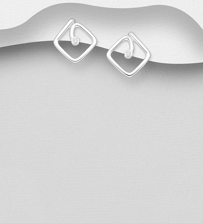 Wholesale 925 Sterling Silver Push-Back Square Earrings Decorated with CZ Simulated Diamonds - SKU #1063-2516