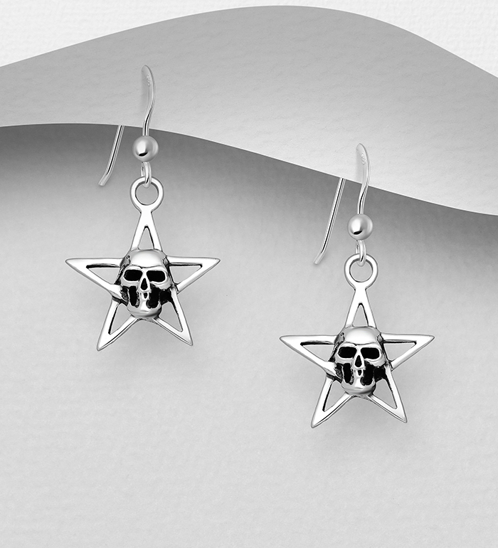 Wholesale 925 Sterling Silver Oxidized Skull And Star Hook Earrings - SKU #768-528