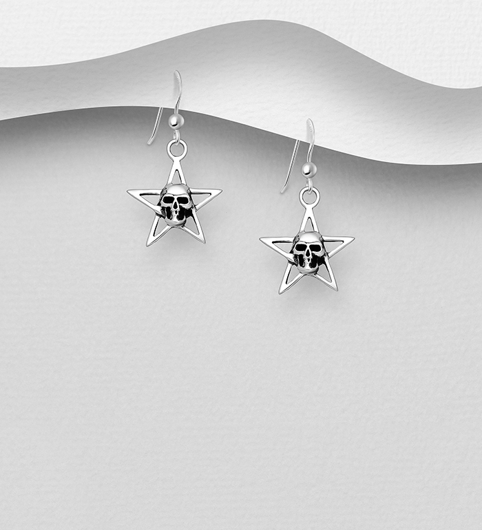 Wholesale 925 Sterling Silver Oxidized Skull And Star Hook Earrings - SKU #768-528