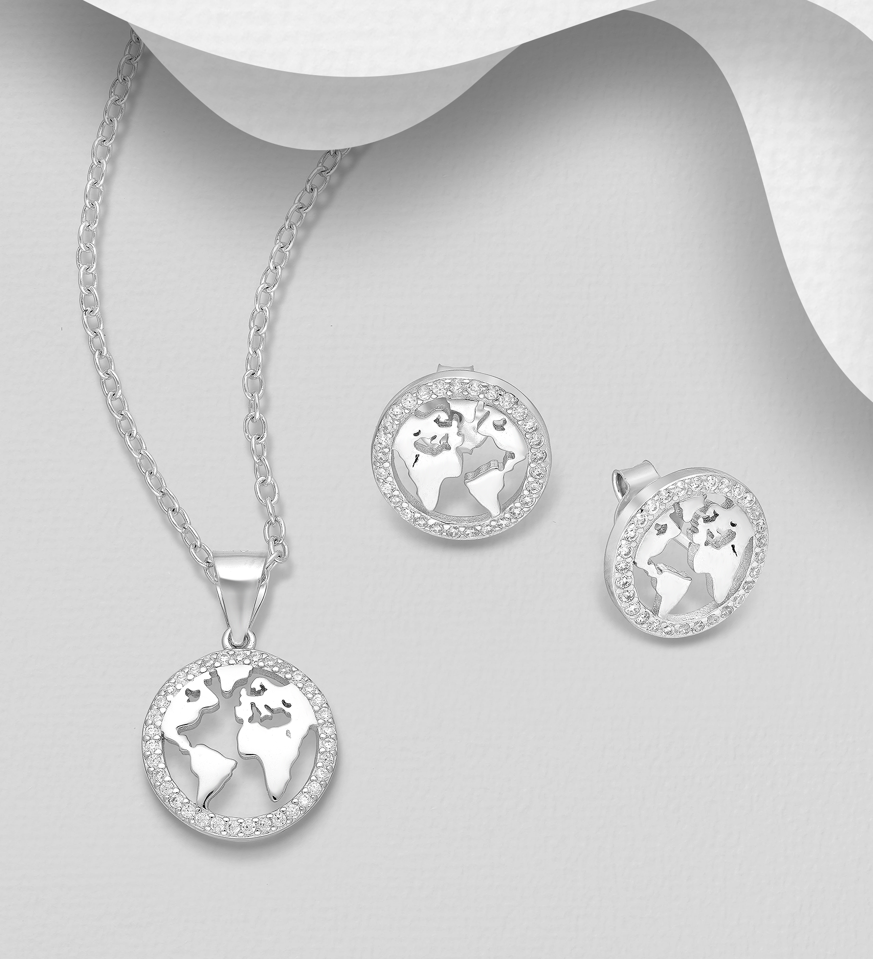 Wholesale 925 Sterling Silver World Map Set of Push-Back Earrings and Pendant Decorated with CZ - SKU #848-1486