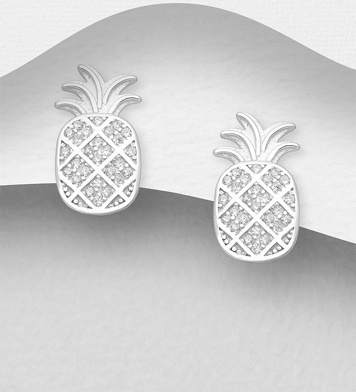 Wholesale 925 Sterling Silver Pineapple Push-Back Earrings Decorated with CZ Simulated Diamonds - SKU #701-23303