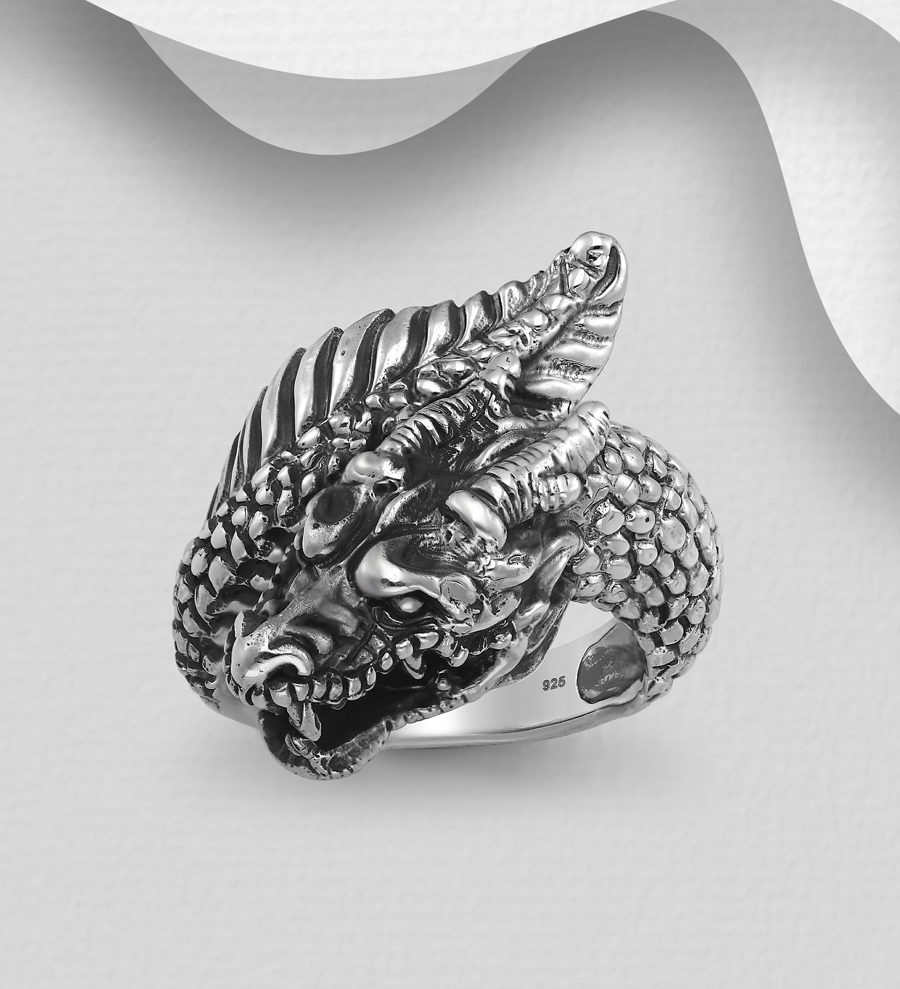 Wholesale 925 Sterling Silver Oxidized Dragon Ring - SKU #1563-692