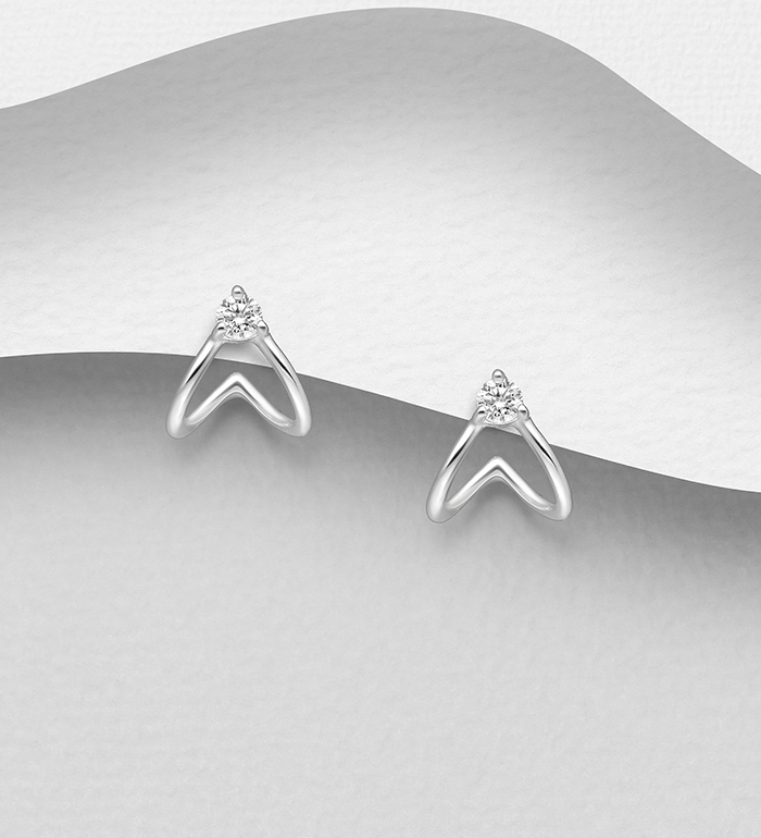 Wholesale 925 Sterling Silver Push-Back Chevron Earrings Decorated with CZ Simulated Diamonds - SKU #1063-2550