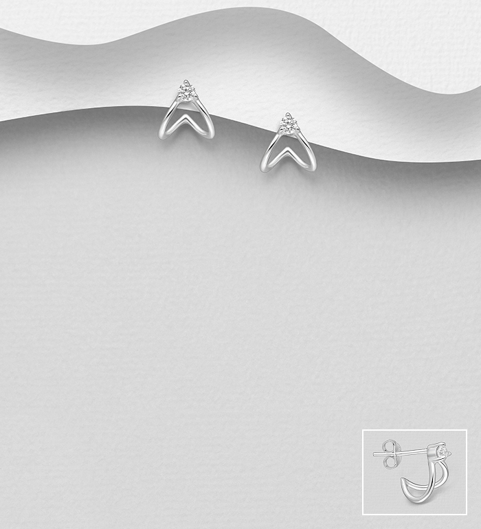 Wholesale 925 Sterling Silver Push-Back Chevron Earrings Decorated with CZ Simulated Diamonds - SKU #1063-2550