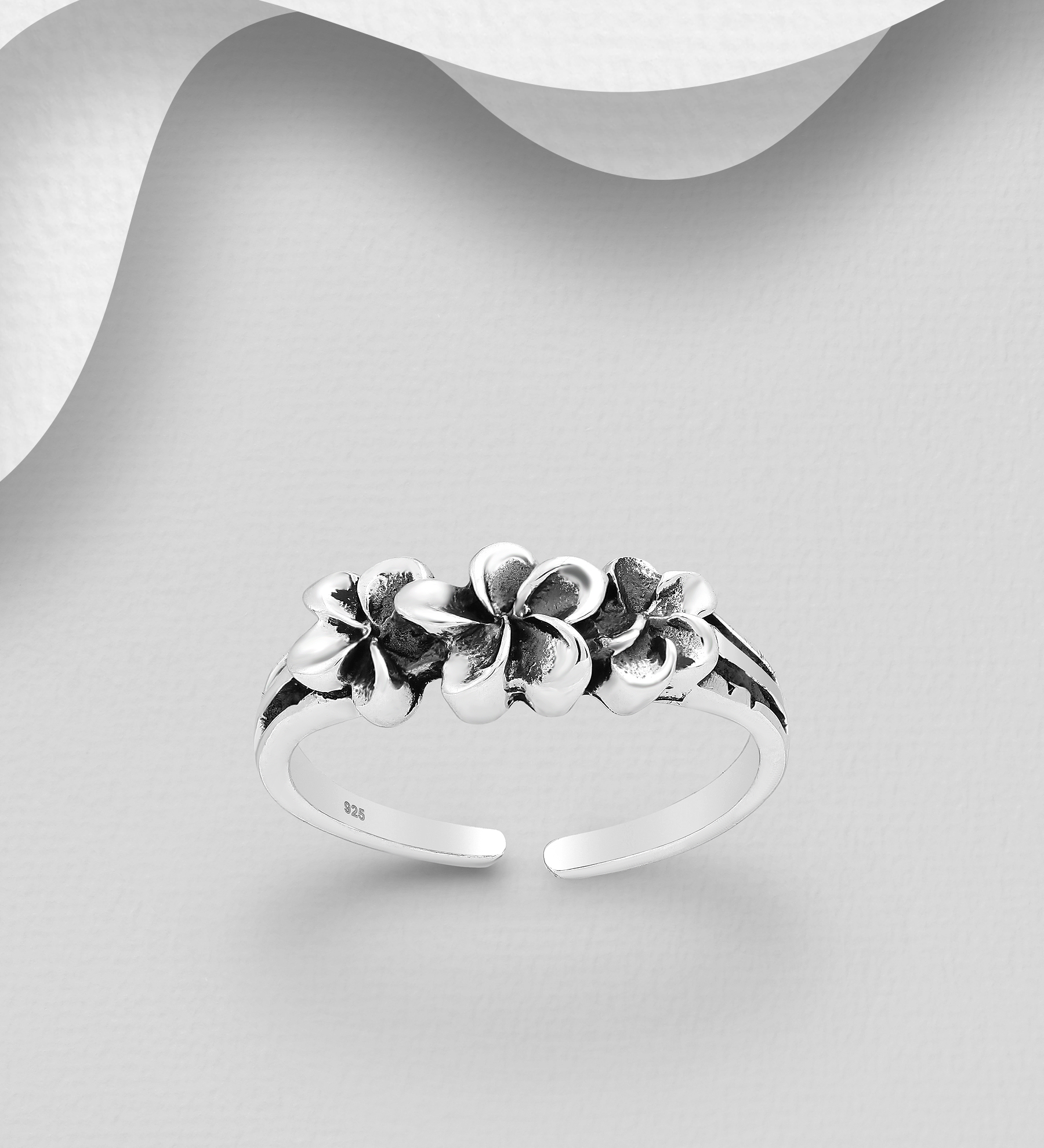 Wholesale 925 Sterling Silver Adjustable Oxidized Flower Toe Ring - SKU #792-972