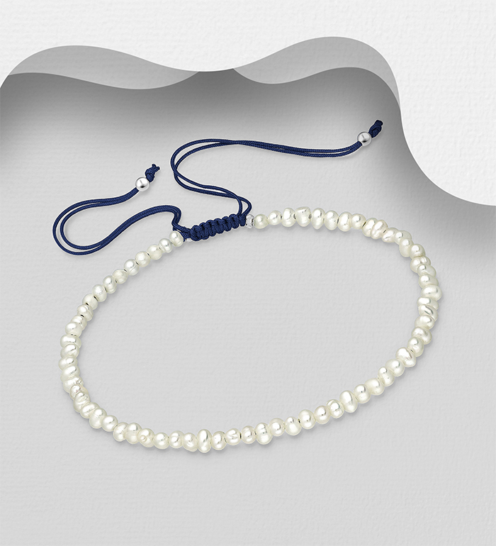 Wholesale 925 Sterling Silver Adjustable Thread Bracelet Beaded with Freshwater Pearls, Shape and Size Will Vary. - SKU #382-5335