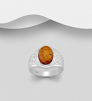 Wholesale 925 Sterling Silver Celtic Ring, Decorated with Baltic Amber - SKU #883-6628