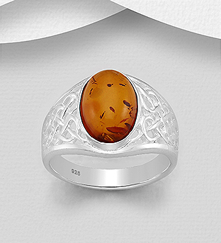 Wholesale 925 Sterling Silver Celtic Ring, Decorated with Baltic Amber - SKU #883-6628