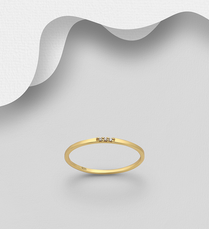 Wholesale 925 Sterling Silver Ring Decorated with CZ Simulated Diamonds, Plated with 1 Micron 18k Yellow Gold, 1.5 mm Wide - SKU #1063-2613