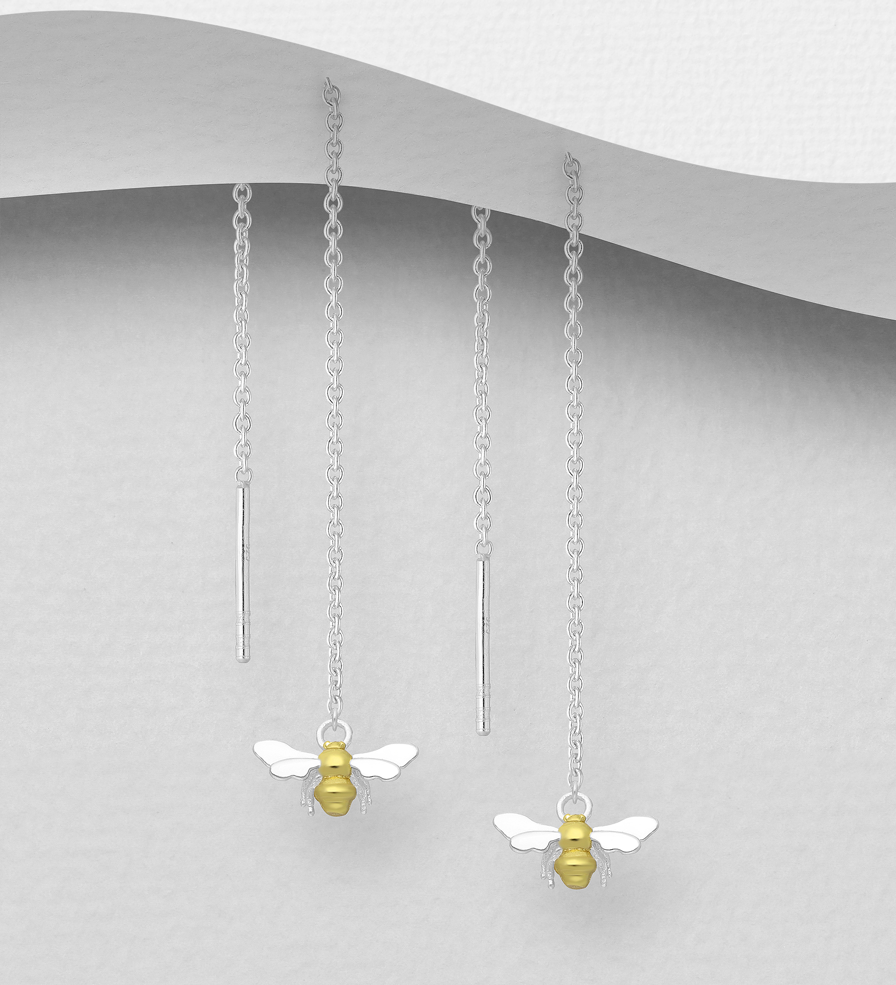 Wholesale 925 Sterling Silver Bee Threader Earrings, Plated with 1 Micron 14K or 18K Yellow Gold - SKU #1063-2615