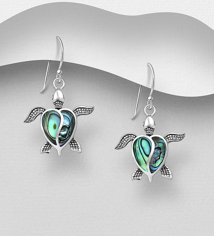 Wholesale 925 Sterling Silver Oxidized Turtle Hook Earrings Decorated with Shell - SKU #789-3935