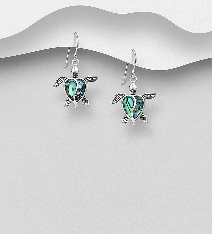 Wholesale 925 Sterling Silver Oxidized Turtle Hook Earrings Decorated with Shell - SKU #789-3935