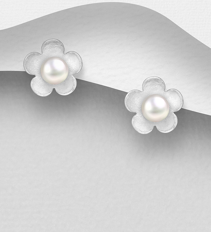 Wholesale 925 Sterling Silver Flower Push-Back Earrings Decorated With Simulated Pearls - SKU #964-1024
