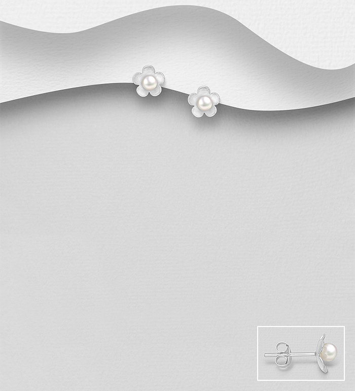 Wholesale 925 Sterling Silver Flower Push-Back Earrings Decorated With Simulated Pearls - SKU #964-1024