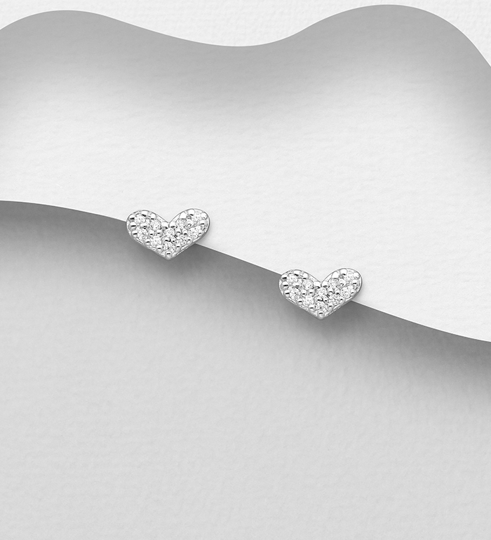 Wholesale 925 Sterling Silver Heart Push-Back Earrings, Decorated with CZ Simulated Diamonds - SKU #1063-2644