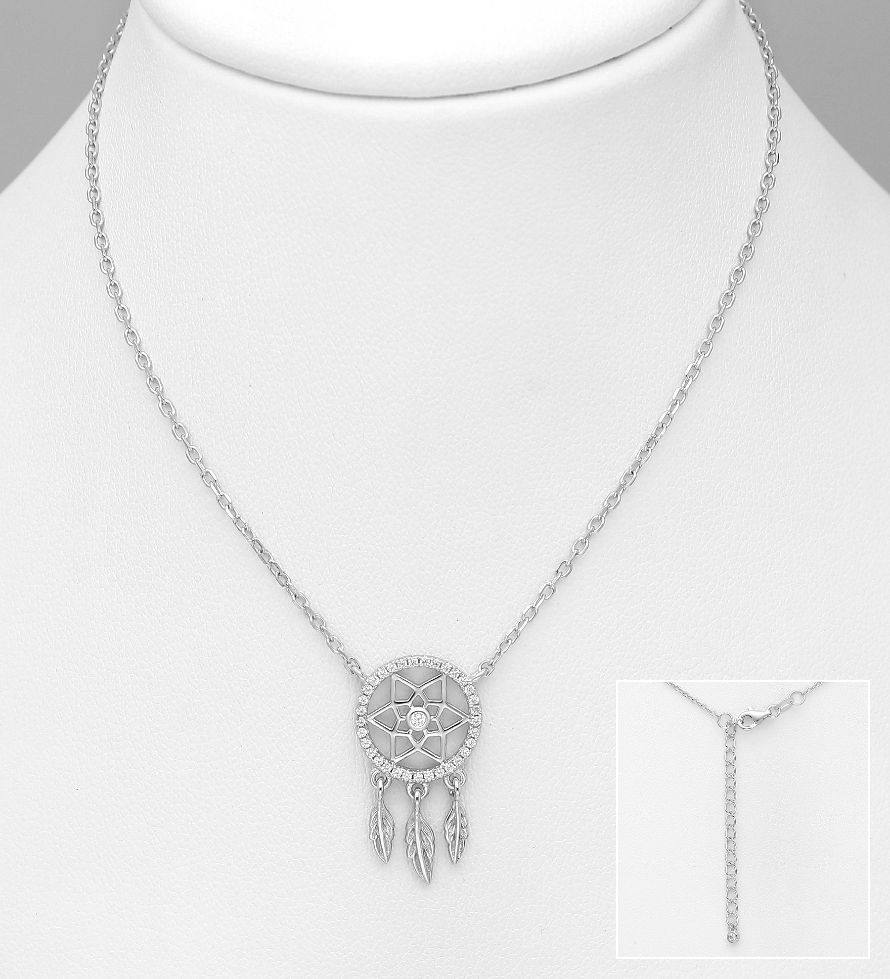Wholesale 925 Sterling Silver Dream Catcher Necklace Decorated with CZ Simulated Diamonds - SKU #701-23687
