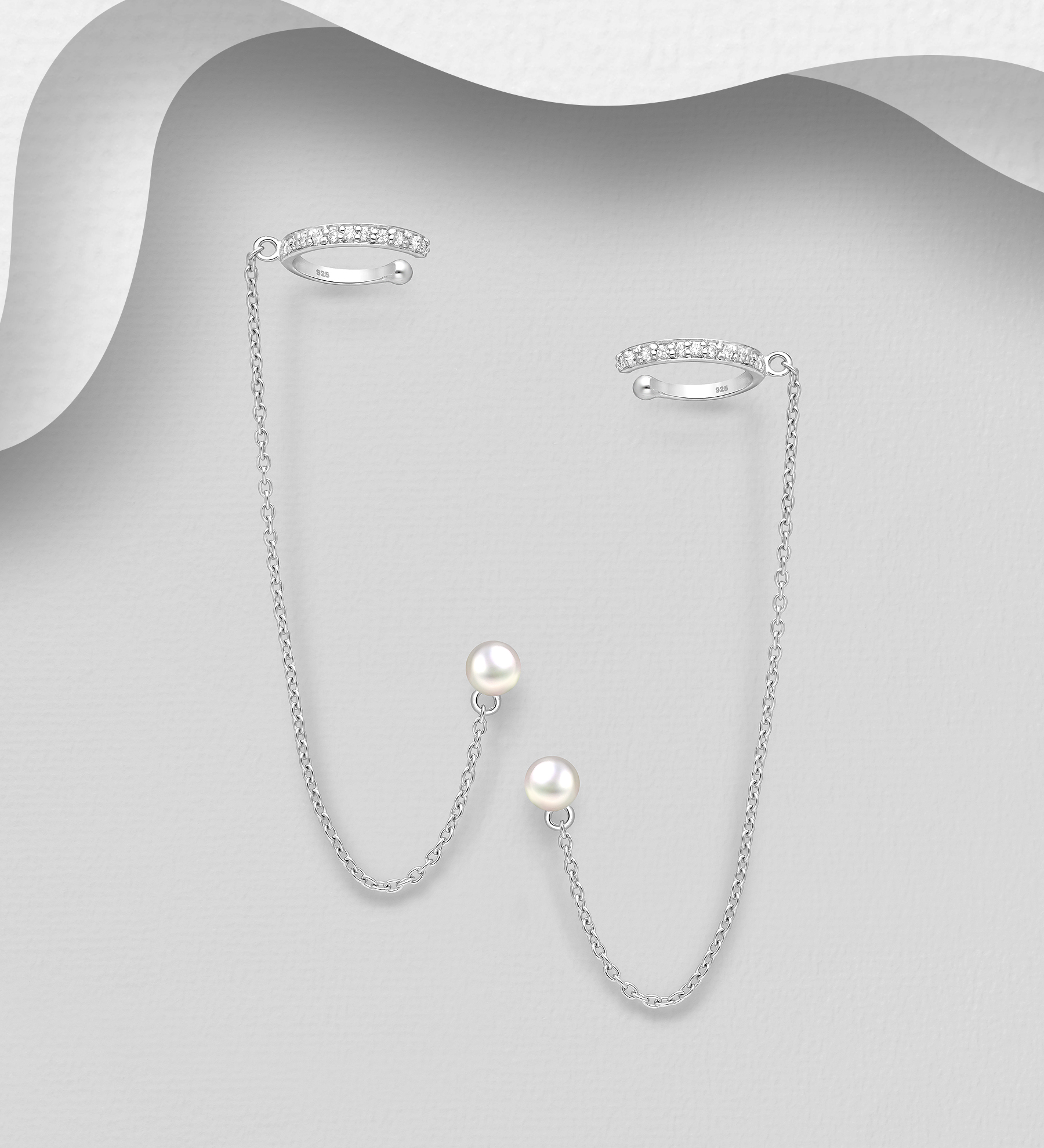 Wholesale 925 Sterling Silver Push-Back Earrings and Ear Cuffs, Decorated with Freshwater Pearl and CZ Simulated Diamonds - SKU #1063-2676