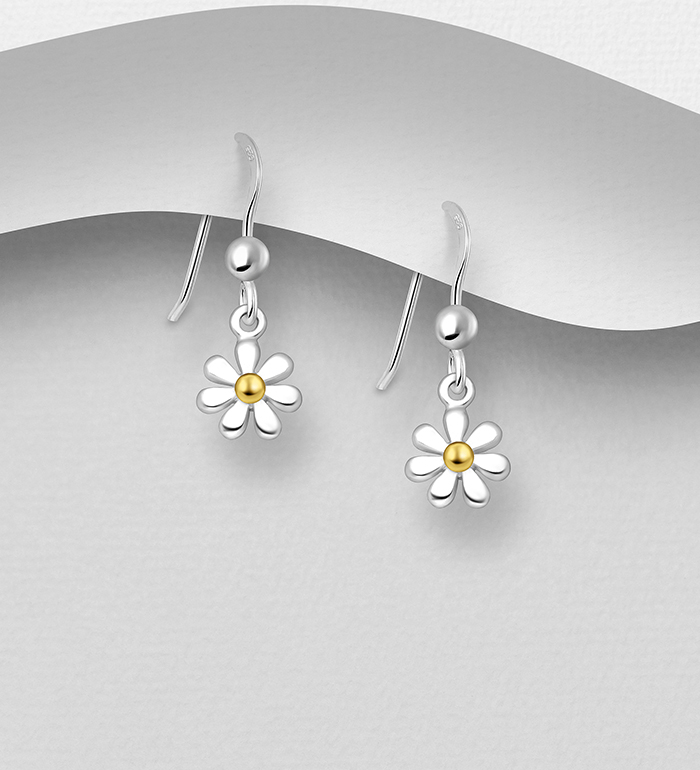 Wholesale 925 Sterling Silver Flower Hook Earrings, Pollen Plated with 1 Micron 14K or 18K Yellow Gold - SKU #1535-979