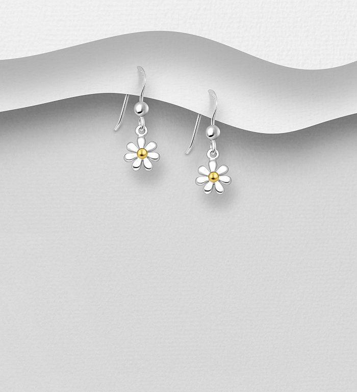 Wholesale 925 Sterling Silver Flower Hook Earrings, Pollen Plated with 1 Micron 14K or 18K Yellow Gold - SKU #1535-979