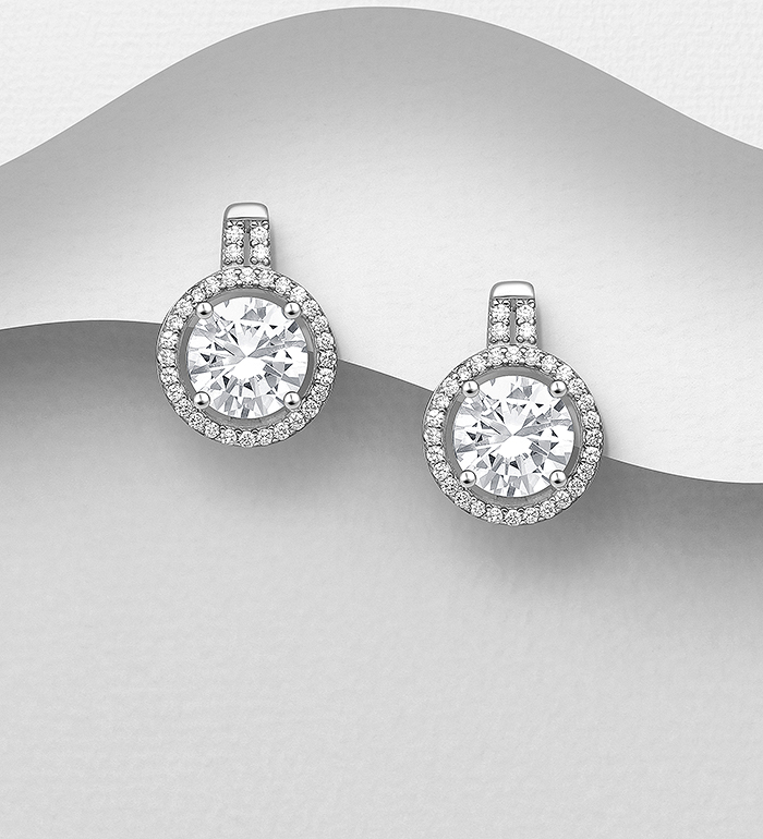 Wholesale 925 Sterling Silver Halo Omega Lock Earrings Decorated with CZ Simulated Diamonds - SKU #701-23888