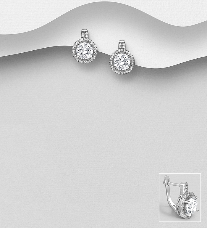 Wholesale 925 Sterling Silver Halo Omega Lock Earrings Decorated with CZ Simulated Diamonds - SKU #701-23888