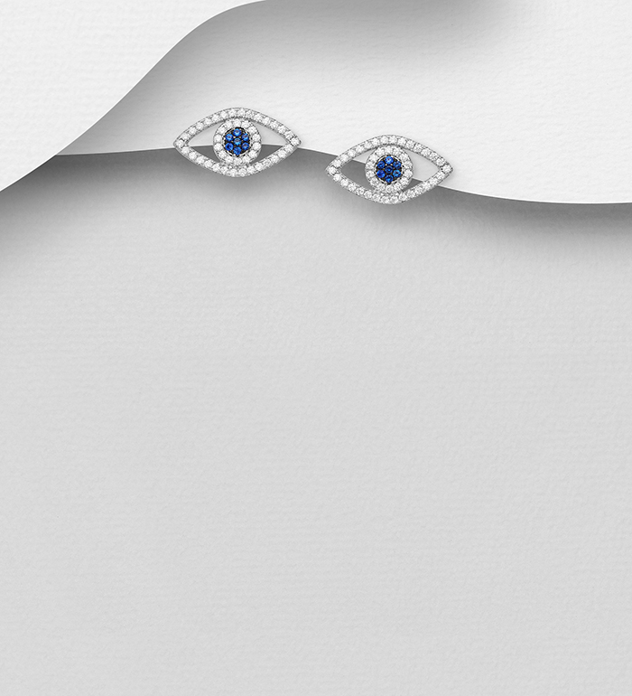 Wholesale 925 Sterling Silver Evil Eye Push-Back Earrings Decorated with CZ Simulated Diamonds - SKU #701-23921